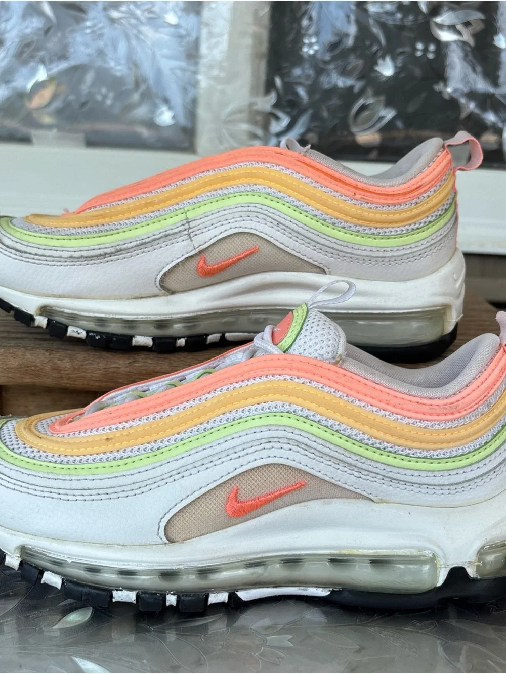 Nike Women's White Sneakers with Coral, Yellow & Lime Accents 5.5